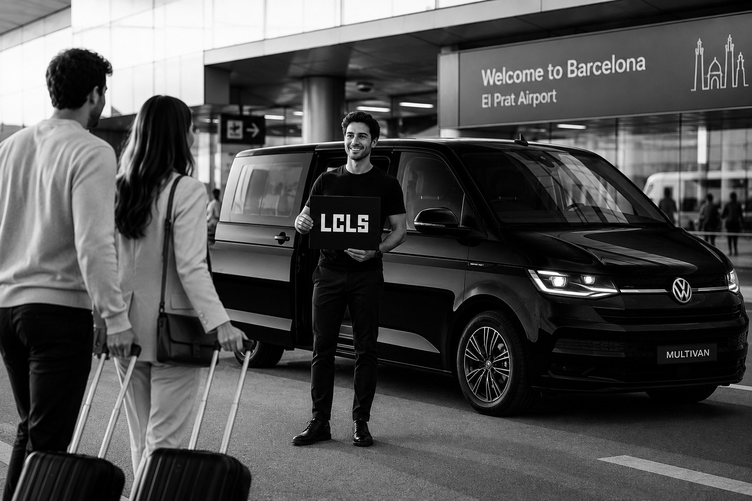 LOCALS driver holding an LCLS sign beside a black VW Multivan at Barcelona El Prat airport